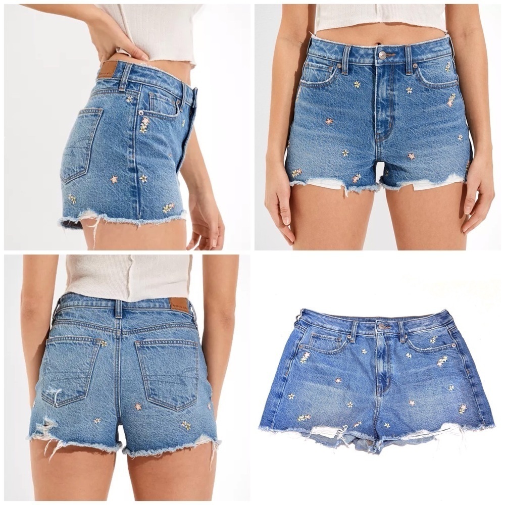American Eagle Mom Shorts Floral Embroidered Denim Shorts Raw Hem Size 8